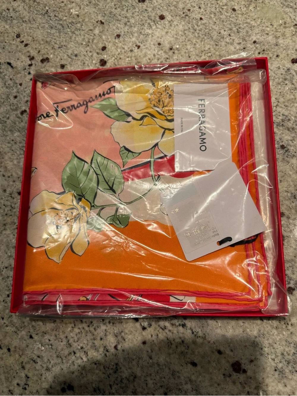 Salvatore Ferragamo 100% Silk Floral Handbag Print Scarf Orange Pink